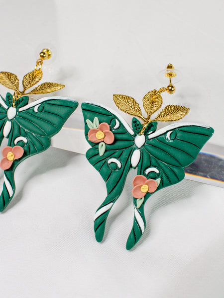 Emerald Luna Moth Floral Earrings