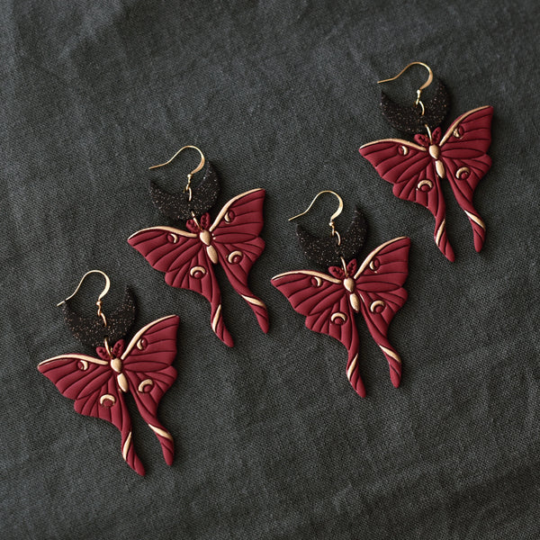 Red Wine Luna Moth Earrings