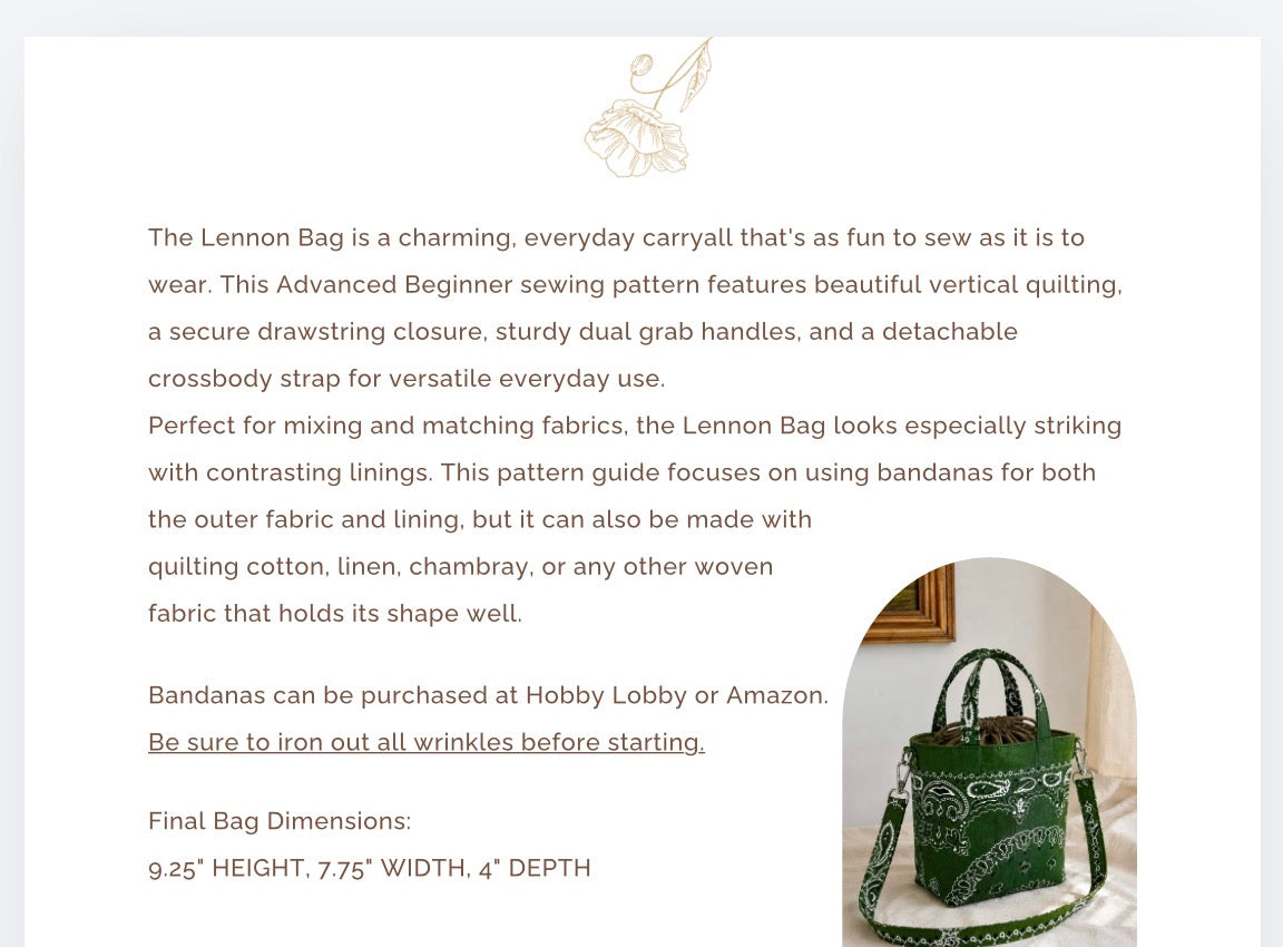 Sewing Pattern: The Lennon Bag Digital PDF