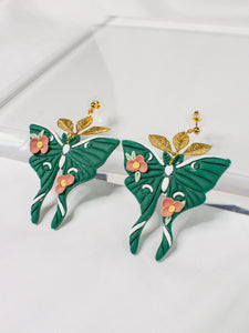 Emerald Luna Moth Floral Earrings